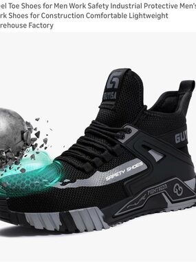 Guyisa Men’s Black Safety Work Shoes — Lightweight Steel Toe Sneakers 41